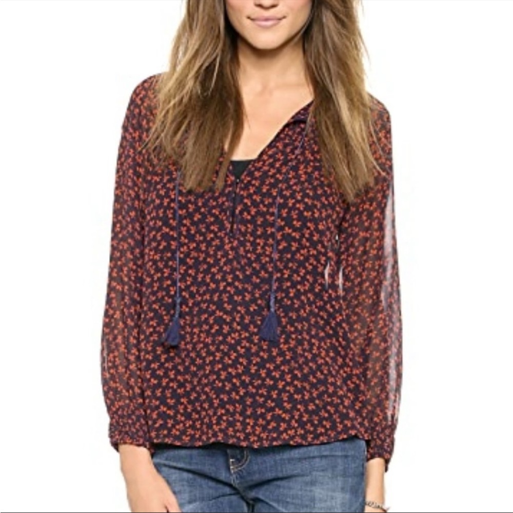 Joie Vivette Blouse Navy Blue with Red Floral Detail Blouse